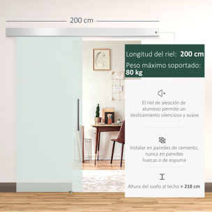 Puerta Corredera 77,5x205 cm Puerta Corrediza de Cristal con Riel Silenciosa para Sala de Estar Comedor Translúcido