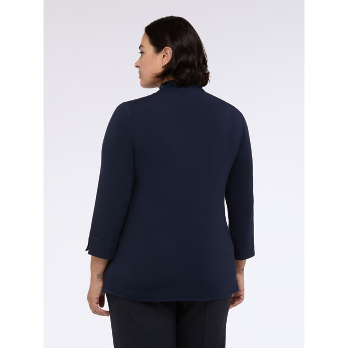 Fiorella Rubino - T-shirt bimaterica con colletto prezioso - Blu