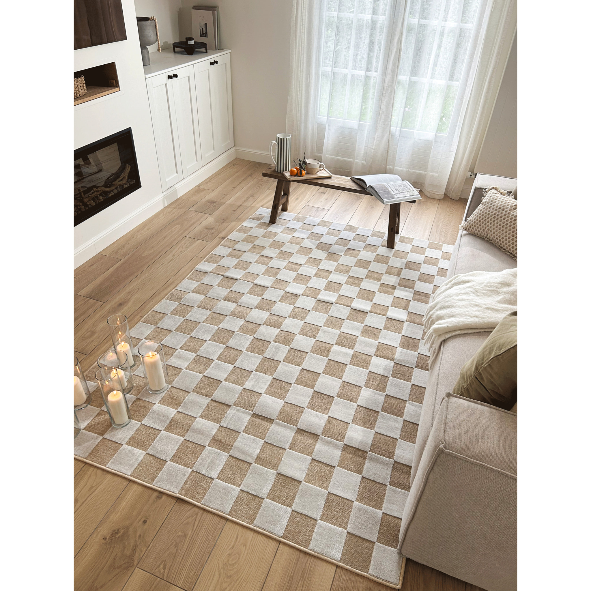 GARDEN - Tapis d'intérieur / extérieur à motif damier blanc et beige