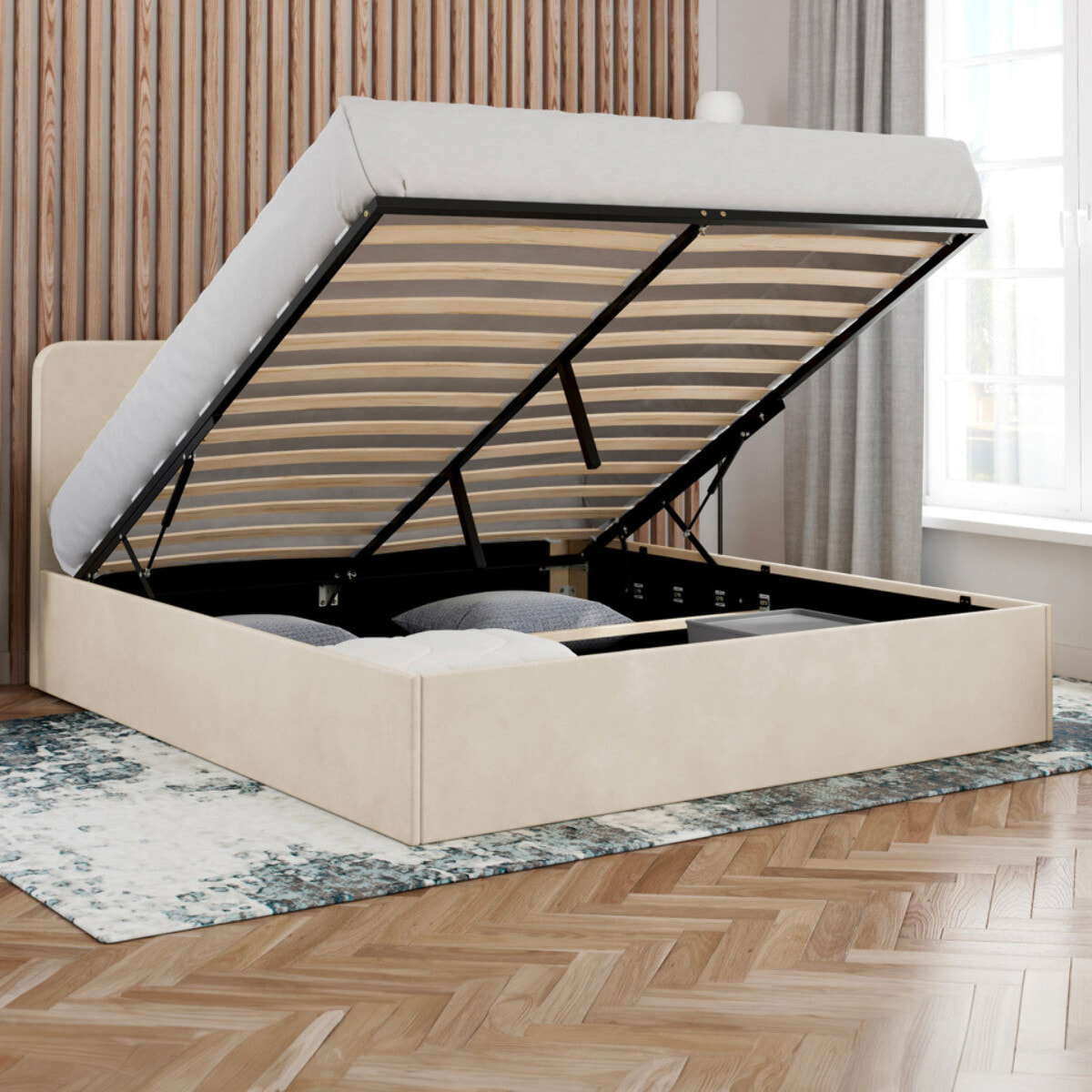 Lit avec tete de lit arrondie Louise - Velours beige