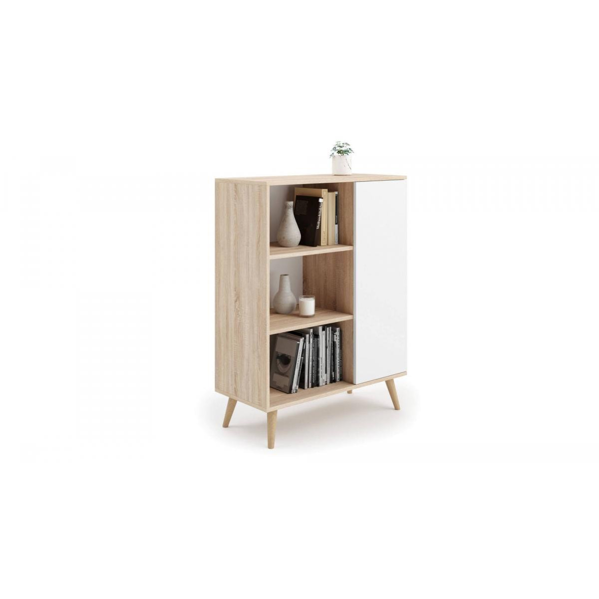 Credenza a 1 anta e 2 ripiani, Buffet con piedini, Madia da soggiorno in stile scandi, Libreria con scaffali, cm 40x90h116, colore Bianco e Rovere