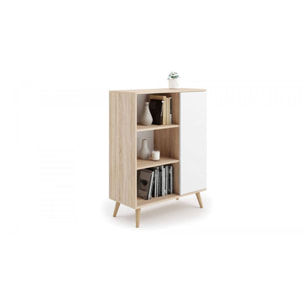 Credenza a 1 anta e 2 ripiani, Buffet con piedini, Madia da soggiorno in stile scandi, Libreria con scaffali, cm 40x90h116, colore Bianco e Rovere