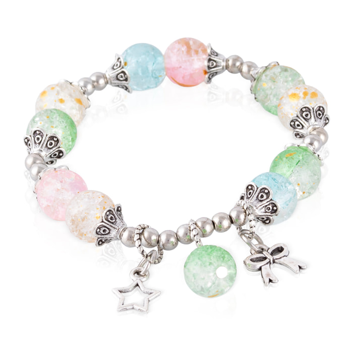 Set de 6 pulseras elásticas con cuentas de cristal y diseños amarillo, rosa, negro, azul, morado y multicolor.