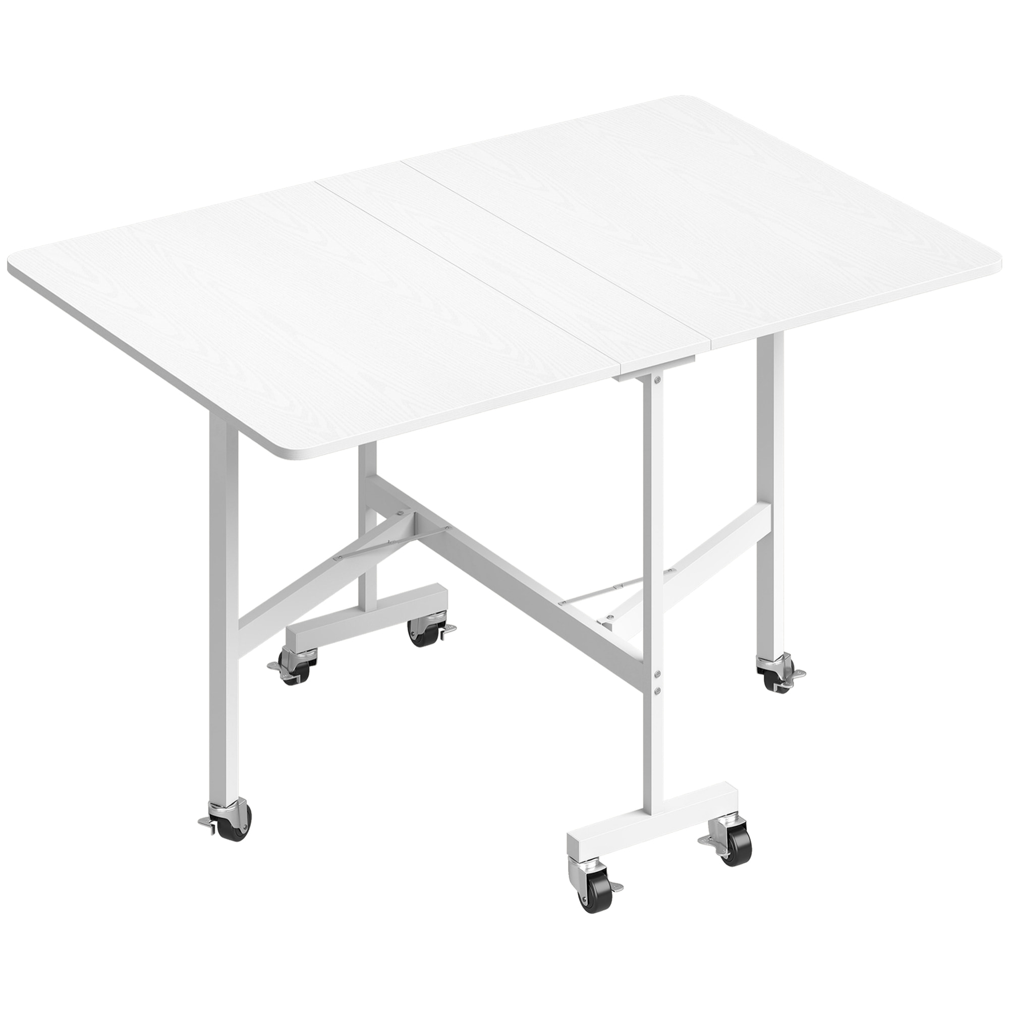 Table pliable 6 personnes - table à rabat mobile 6 roulettes - acier blanc effet bois blanc