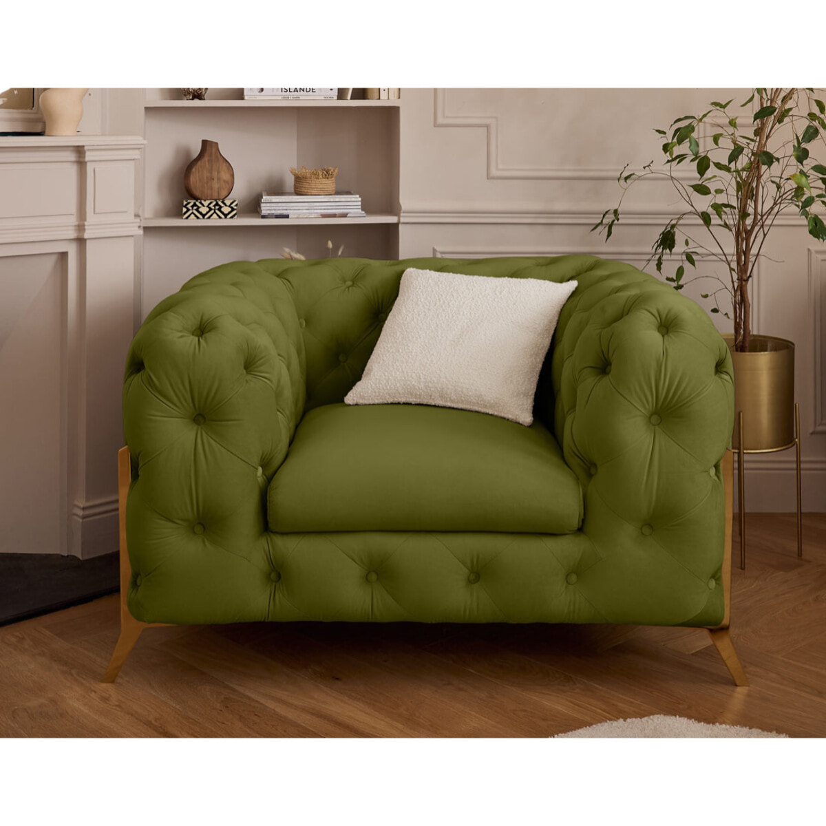 Camden - fauteuil chesterfield en velours - pieds en métal doré - Vert