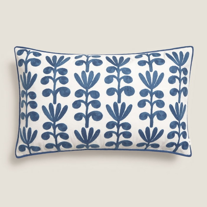 Funda de cojín algodón bordado vegetal Feli color azul Algodón