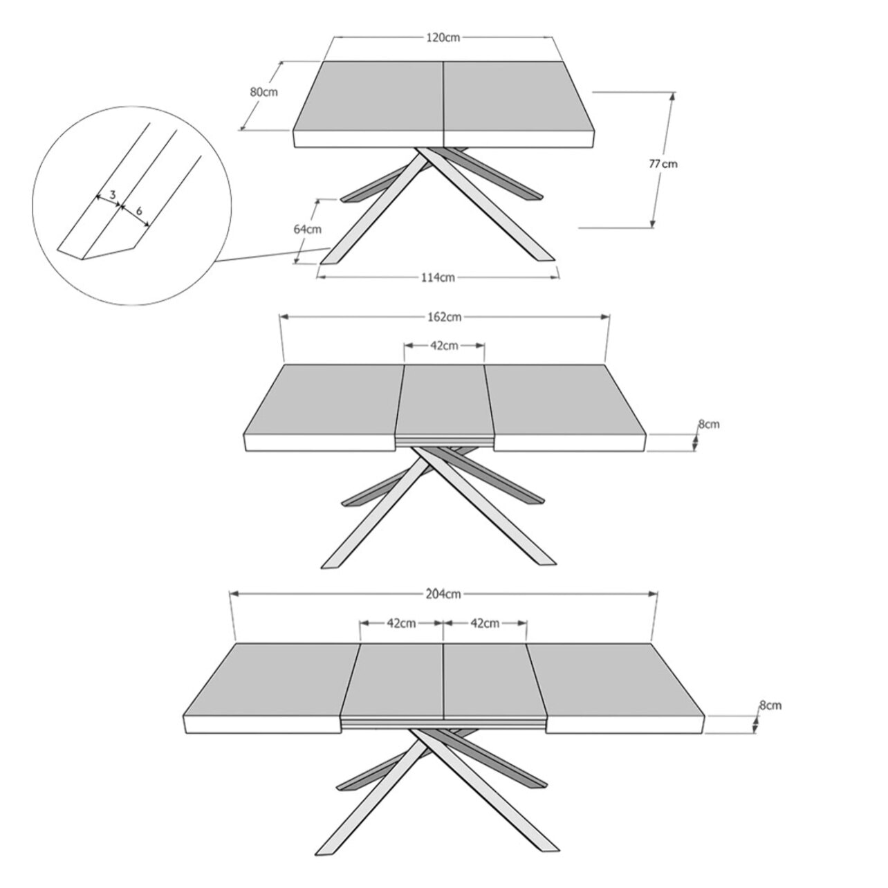 Mesa extensible 120X80/204cm Karida Fresno Blanco estructura Antracita