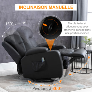 Fauteuil de massage et relaxation électrique chauffant inclinable manuellement repose-pied télécommande noir