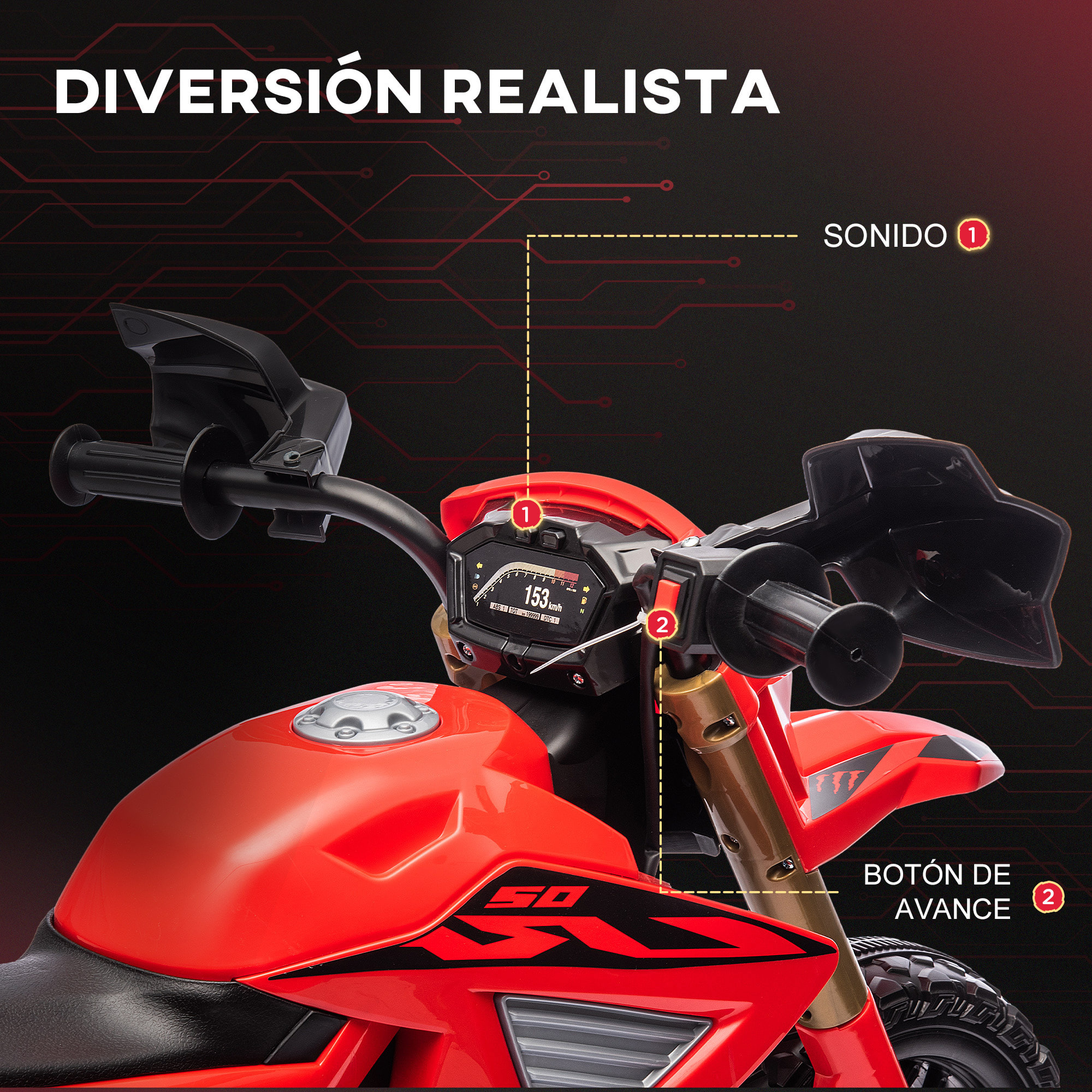 Moto Eléctrica para Niños de +3 Años Moto de Batería 12V para Niños con Ruedas de Entrenamiento Acelerador en Puño y Bocina Carga 30 kg Rojo