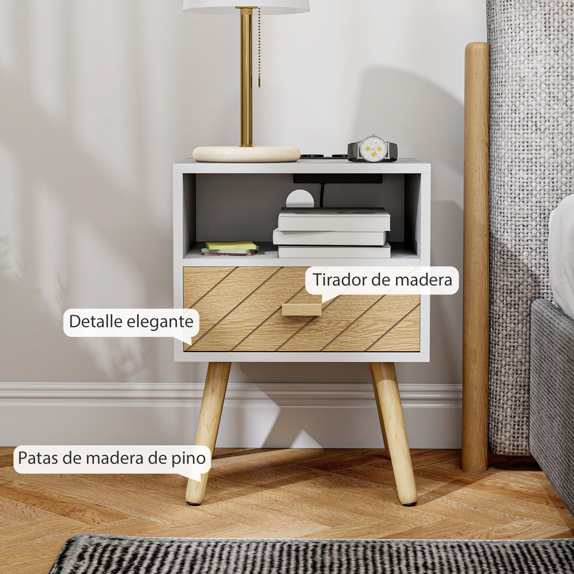 Mesita de Noche con Estación de Carga, Mesilla de Noche con Cajón, 2 Tomas AC, Puerto USB y Tipo-C, Compartimento Abierto, Patas de Madera, para Salón, Dormitorio, Blanco