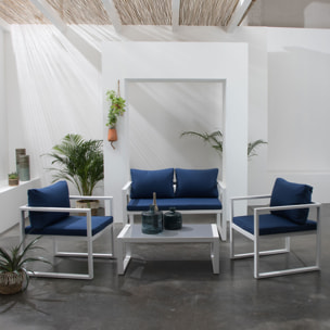 Salon de jardin IBIZA en tissu bleu 4 places - aluminium blanc