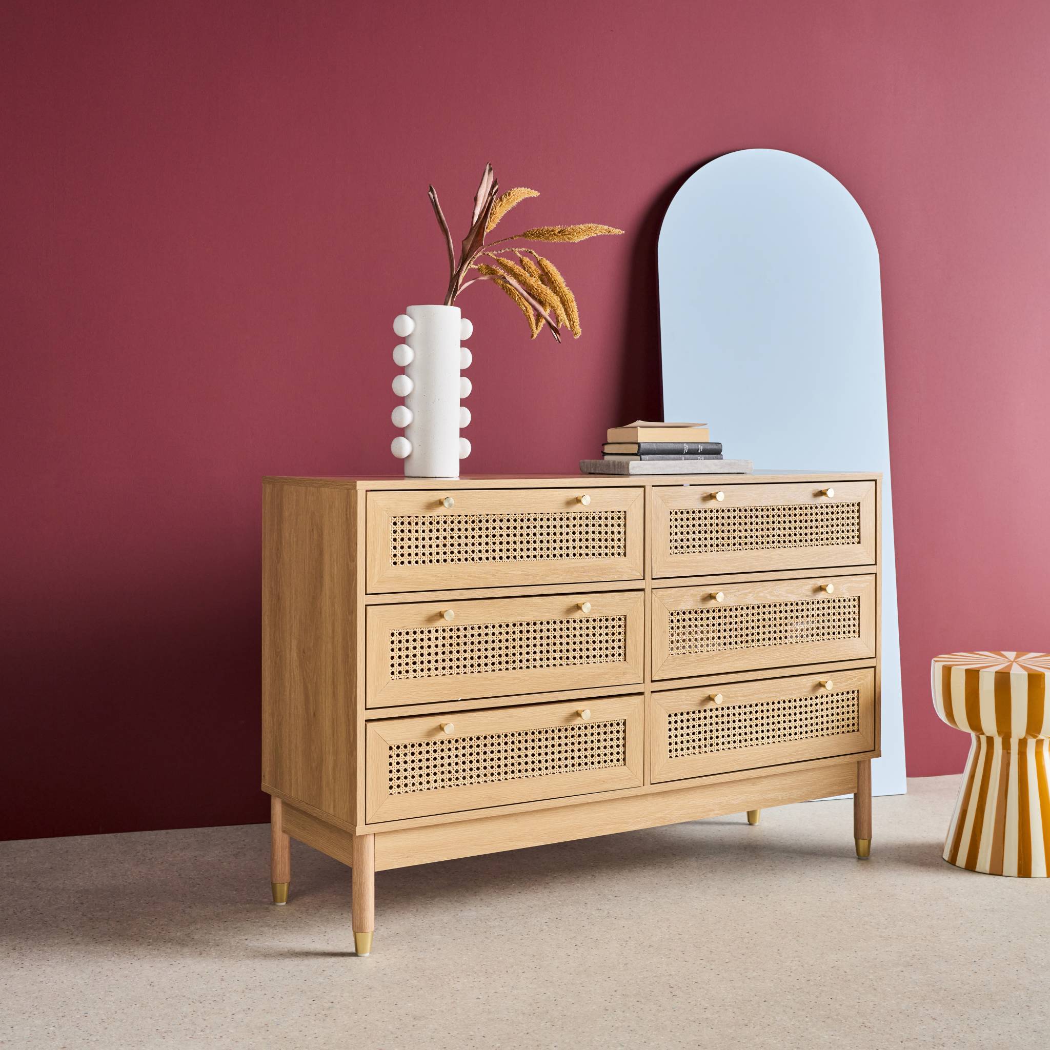 Commode décor bois et cannage 6 tiroirs JUDITH