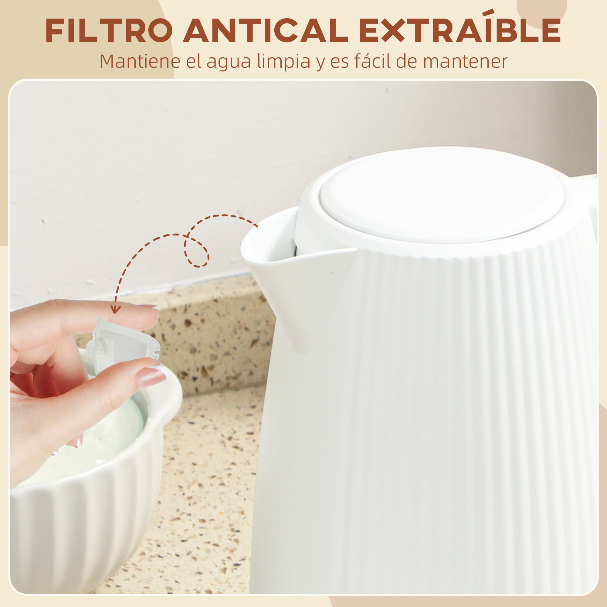 Hervidor de Agua Eléctrico 1,7 L, 2025 W, Calentador de Agua Eléctrico con Apagado Automático, Base Giratoria 360°, Filtro Antical Extraíble, Crema