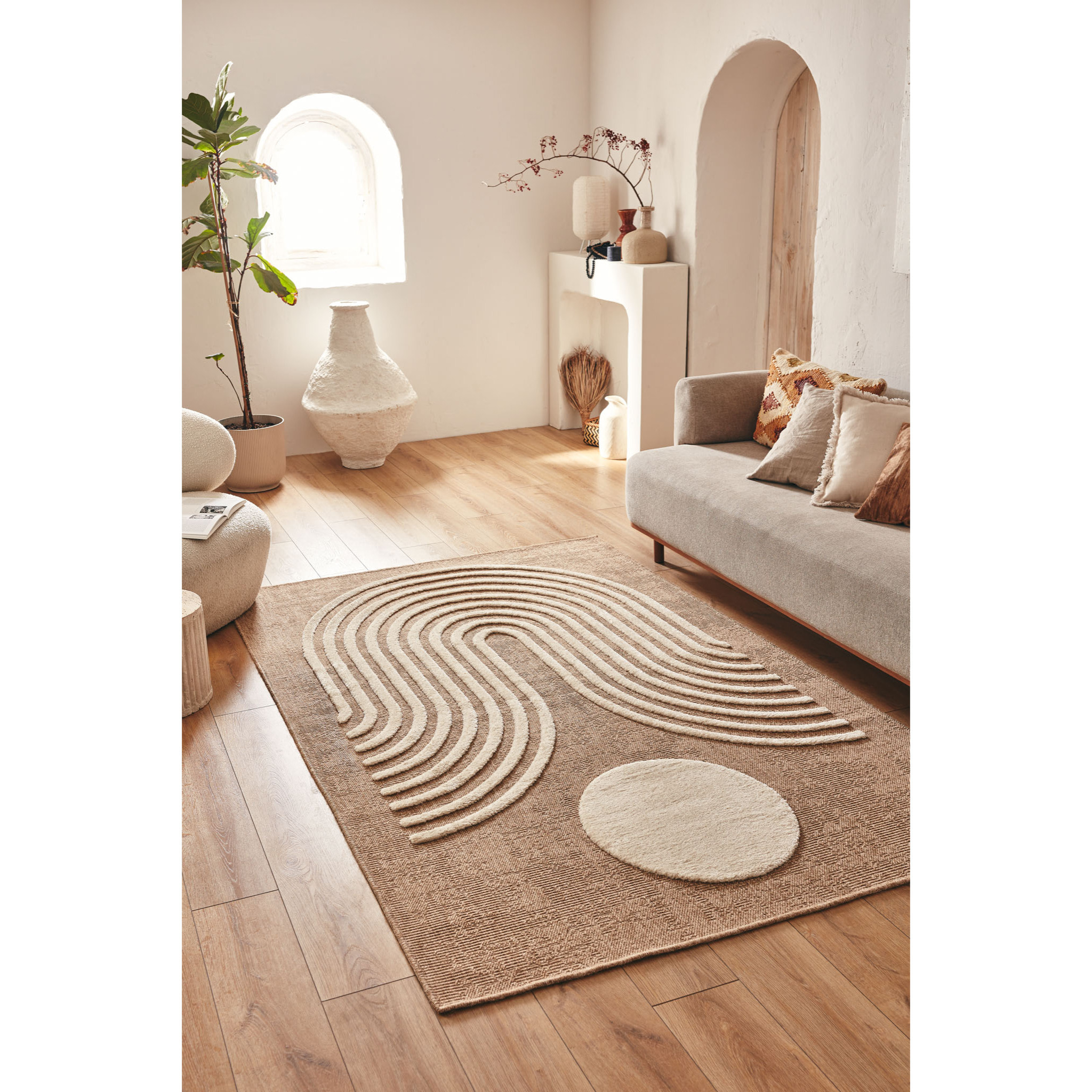 PALMA - Tapis aspect jute à motif géométrique en relief - Blanc