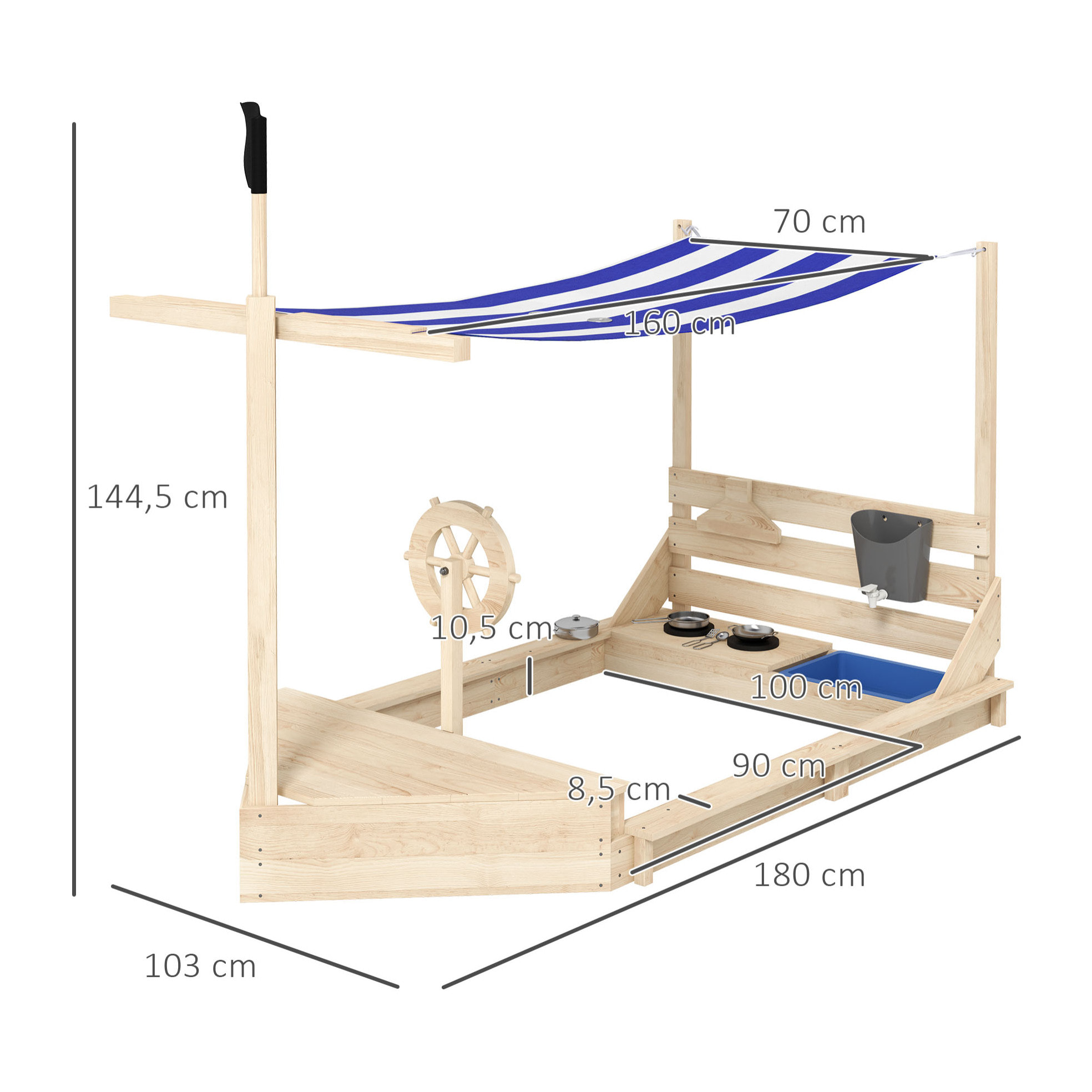 Bac à sable bateau de pirate en bois avec jeu de cuisine et 6 accessoires