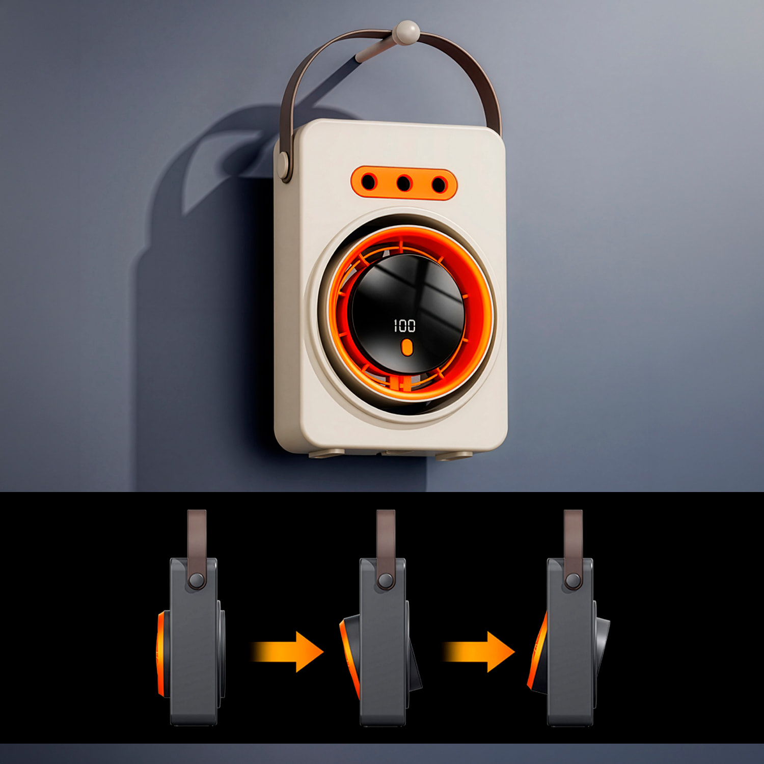 Ventilatore da tavolo F15. Con 5 livelli di velocità, funzione nebulizzatore con 3 uscite e serbatoio dell'acqua da 160 ml. Con maniglia per appendere.