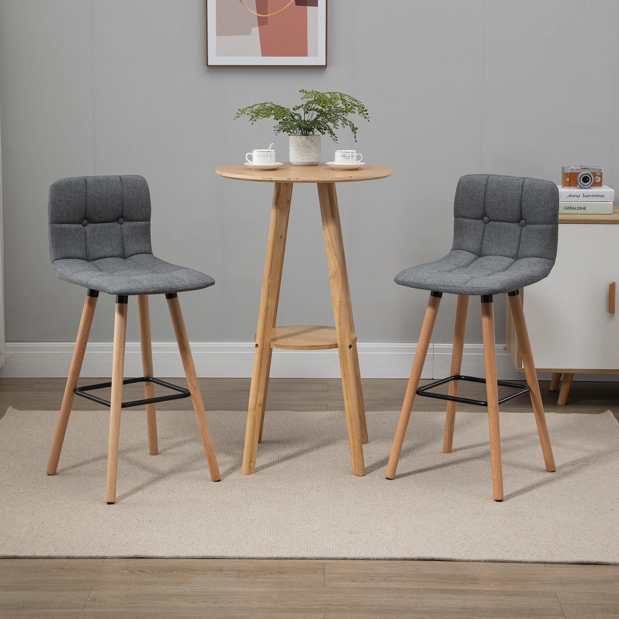 Lot de 2 tabourets de bar style scandinave effet capitonné - chaises de bar - bois effet lin gris