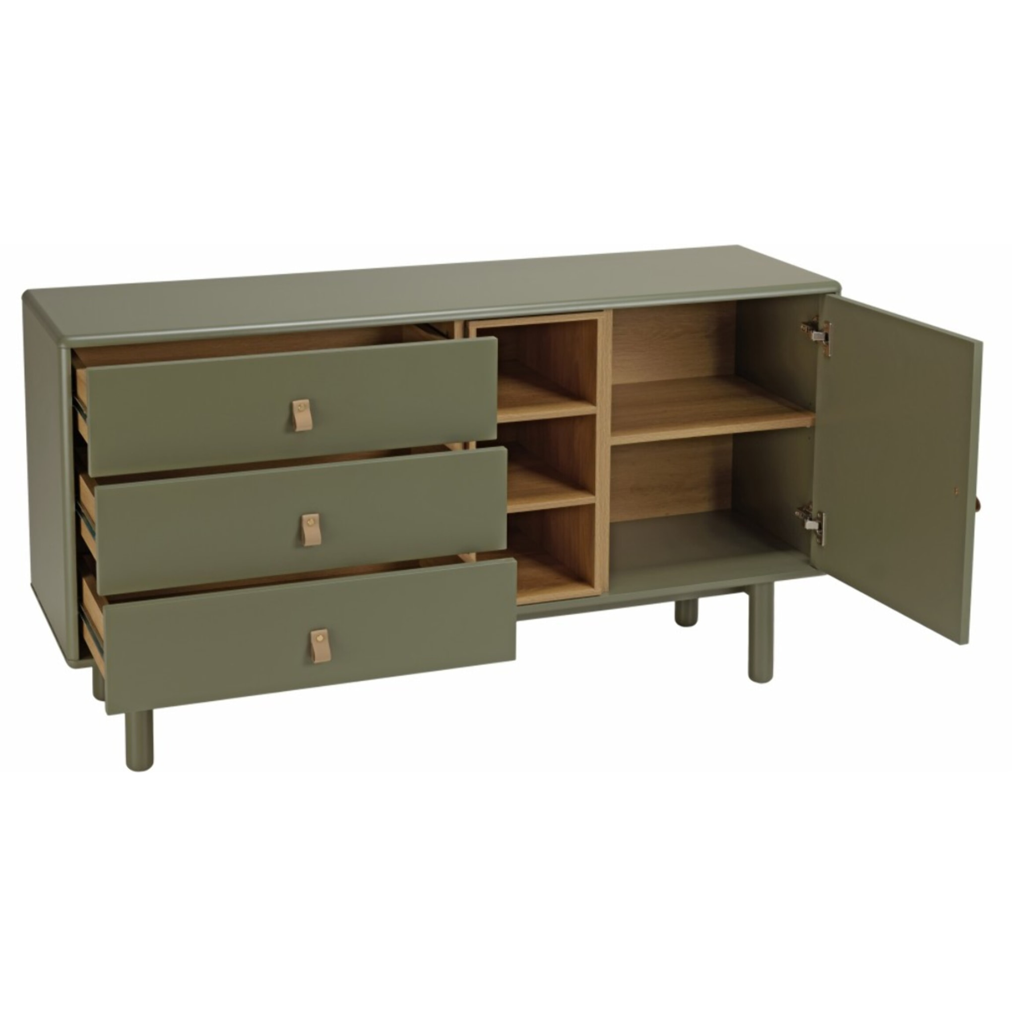 ETHAN - Buffet 1 porte 3 tiroirs 3 niches bois naturel vert