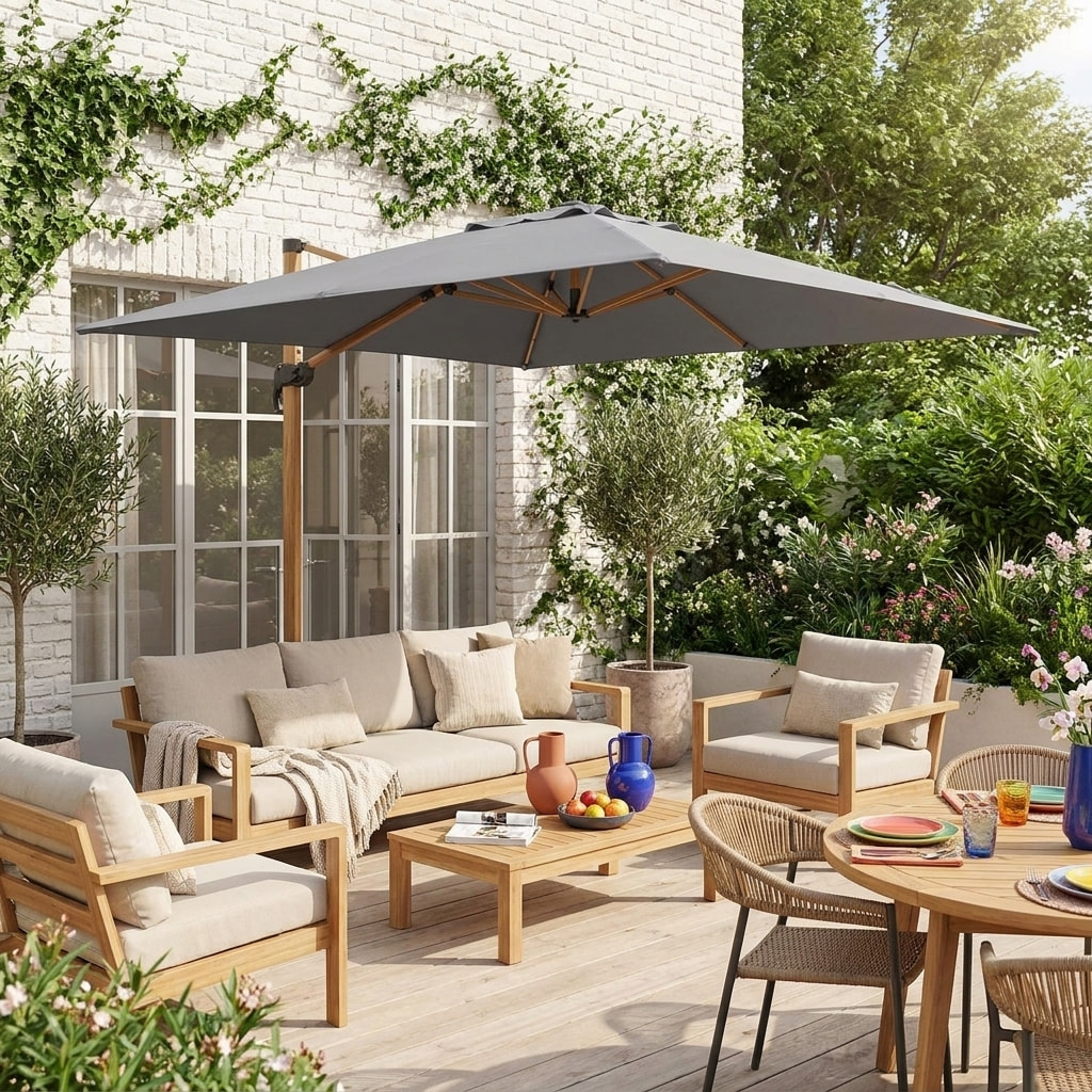 Parasol déporté carré 3x3m, mât effet bois FALGOS