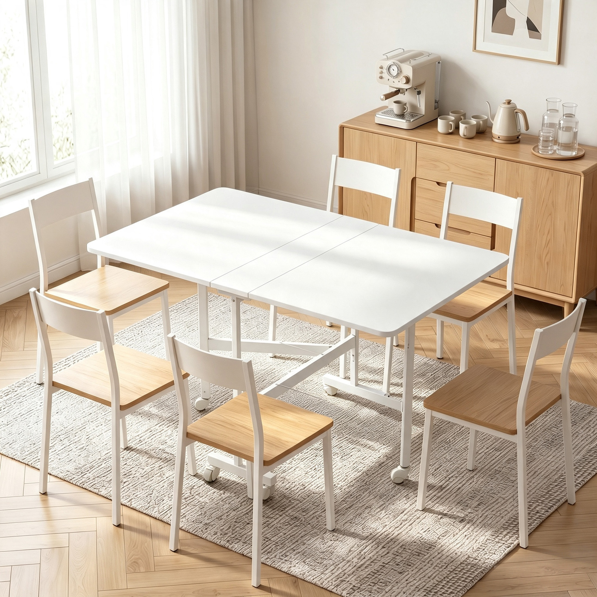 Table pliable 6 personnes - table à rabat mobile 6 roulettes - acier blanc effet bois blanc
