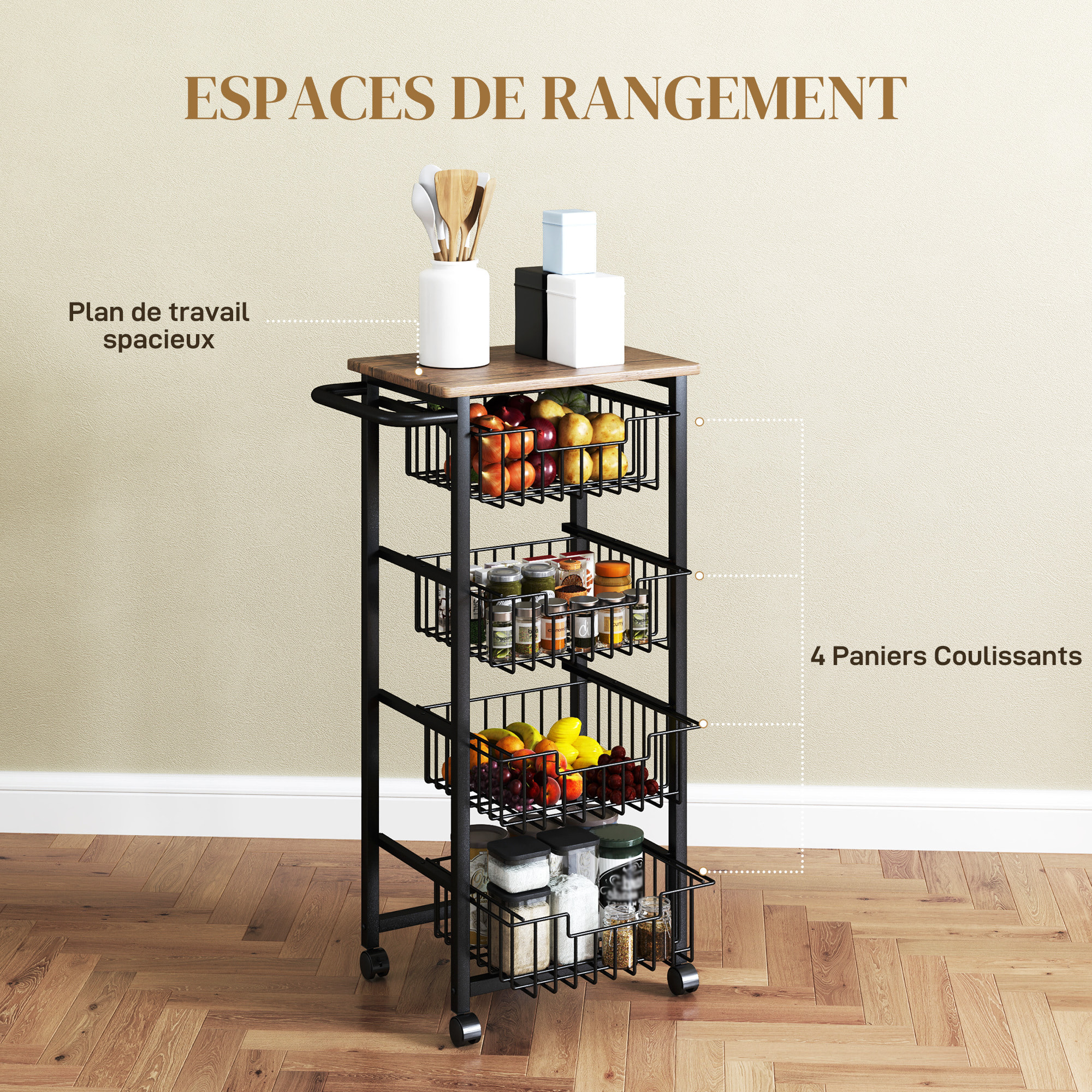 Desserte cuisine 4 paniers 4 roulettes pivotantes poignée acier noir plateau effet bois