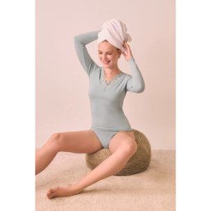 T-shirt in cotone a maniche lunghe con pizzo verde