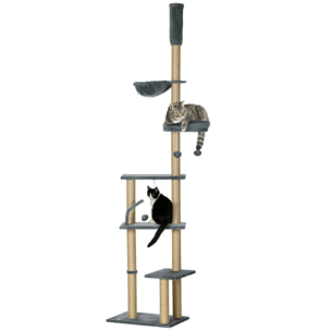 Árbol para Gatos de Suelo a Techo de 230-250 cm Árbol Rascador para Gatos con Altura Ajustable Múltiples Plataformas Cestos Hamaca Bolas Colgantes Gris