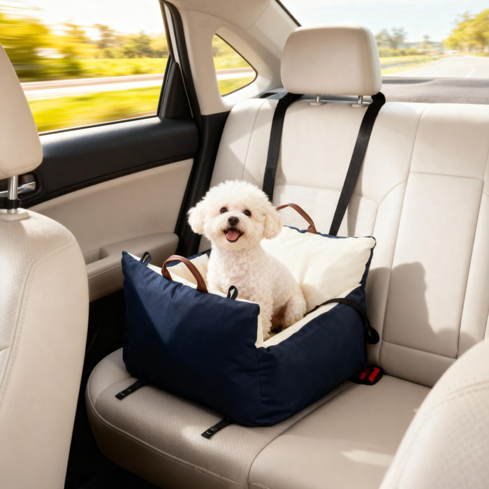 Siège auto sac de transport chien 2 en 1 - réglable - coussin déhoussable - coton bleu écru