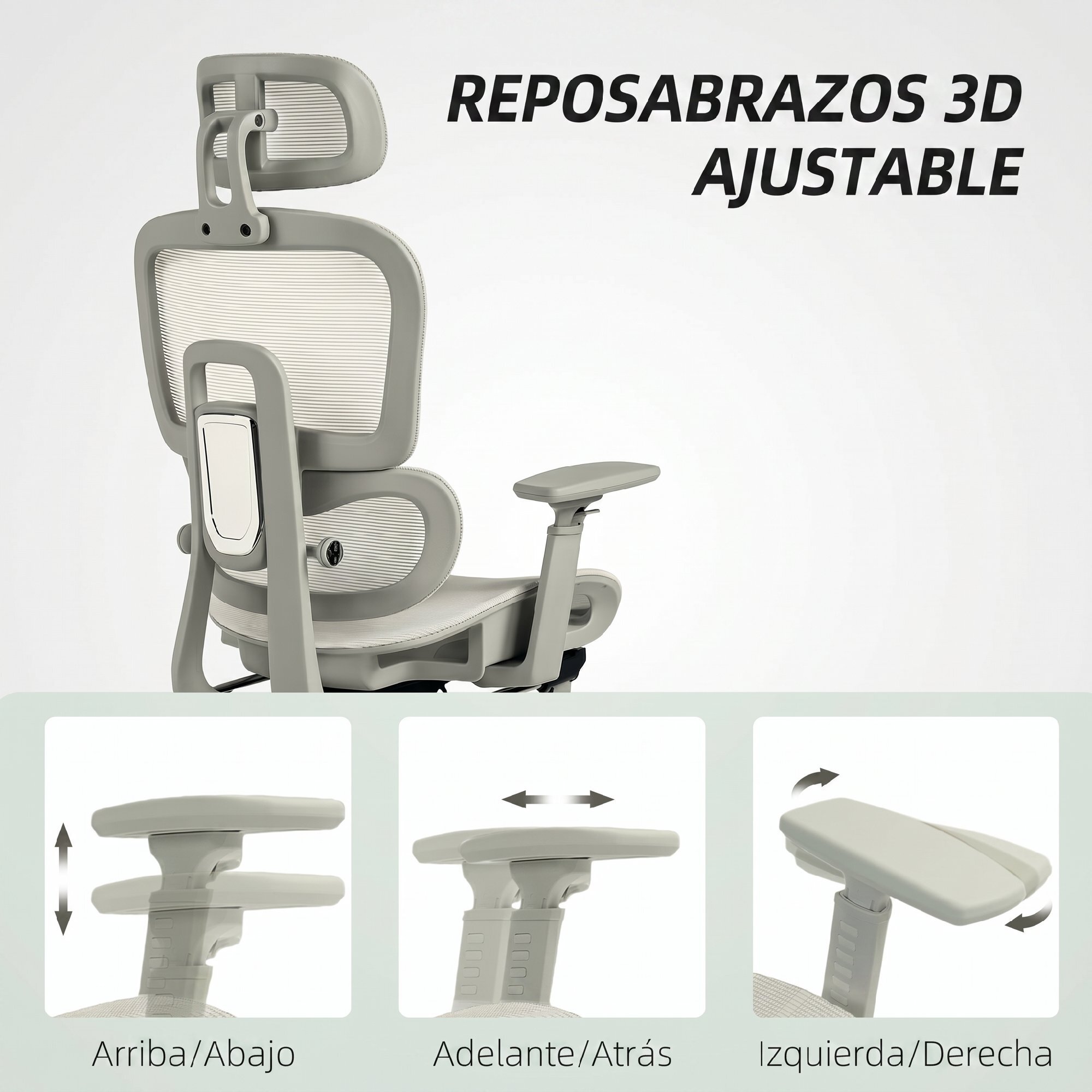 Silla de Oficina Ergonómica de Malla, Silla de Escritorio con Reposabrazos 3D, Reclinable a 135°, Reposacabezas Ajustable, Respaldo Alto, Soporte Lumbar, Reposapiés, Altura Ajustable, Beige