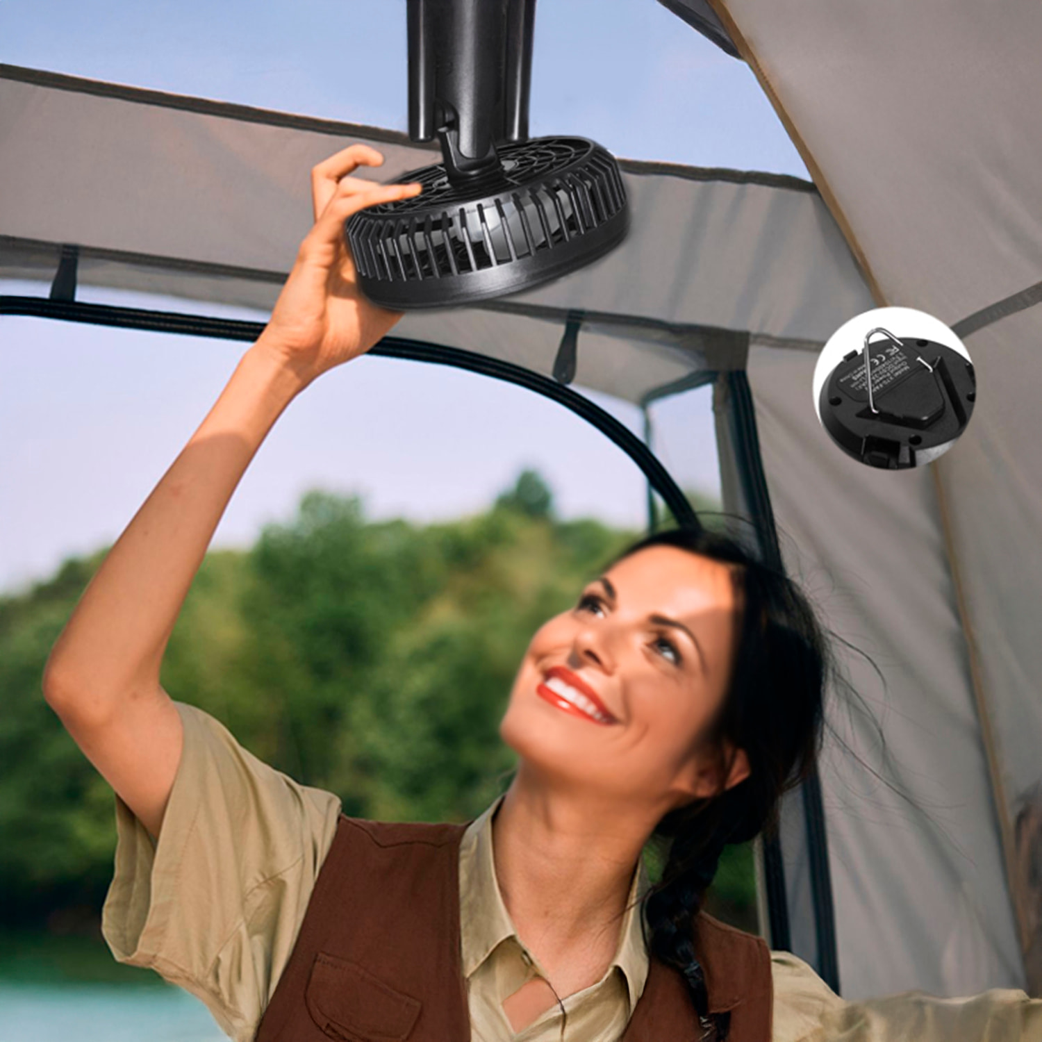 Ventilador x77 con LED con 7 luces, velocidad regulable y 3 niveles de luz. Oscilación de 120º y ángulo ajustable de 1800º. Con tripode, gancho para colgar y powerbank de 7800mAh.