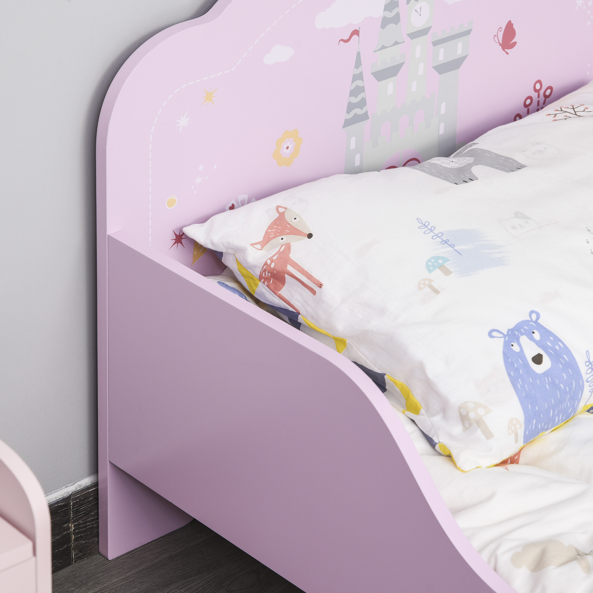 Lit enfant - lit d'enfant design princesse motif château - sommier à lattes inclus - MDF contre-plaqué rose