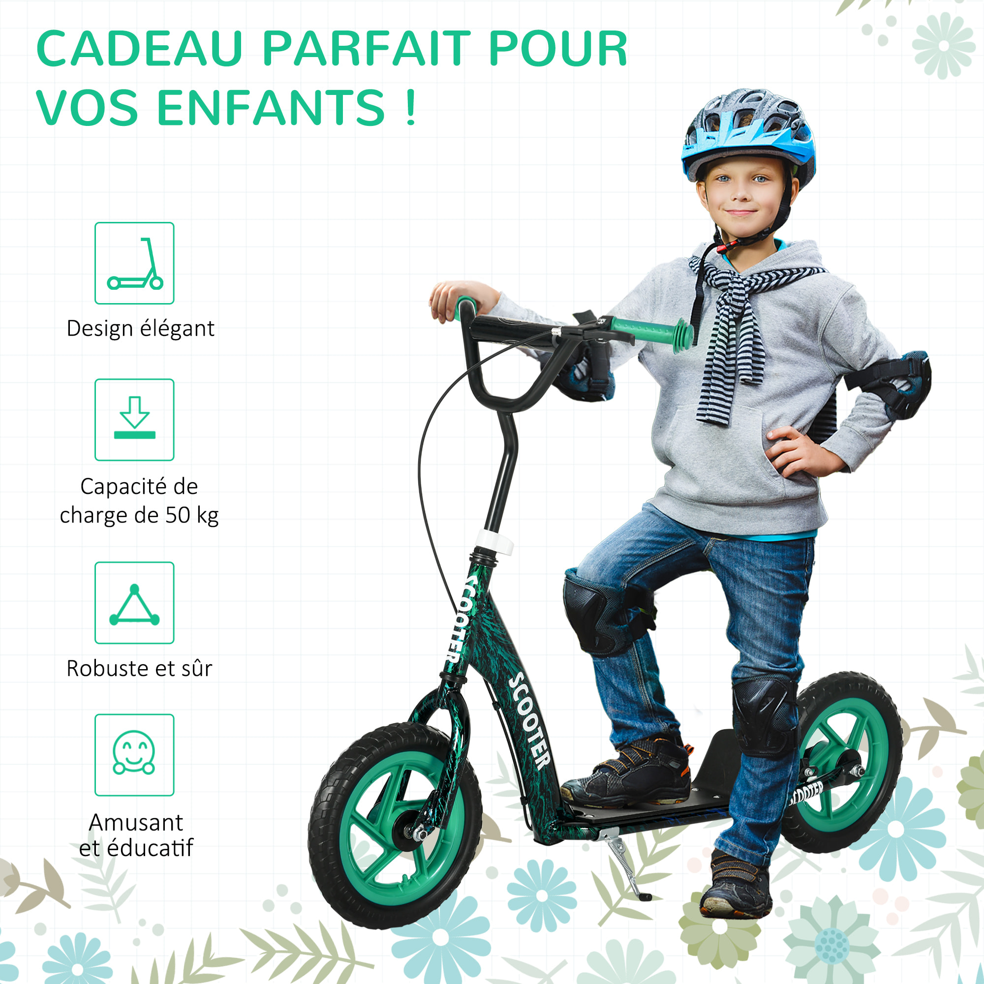 Trottinette patinette enfant à partir de 6 ans roues 30 cm guidon réglable poignée frein et béquille acier vert