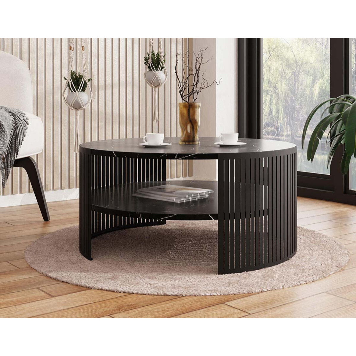 Cruz - table basse ronde - effet marbre noir - 1 niche - 75 cm - Noir