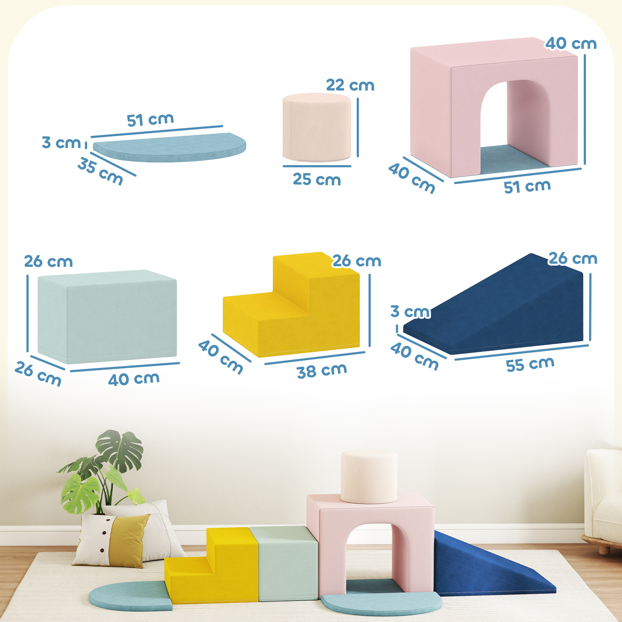 Juego de 8 Bloques de Espuma para Niños, Bloques de Psicomotricidad con Fundas de Terciopelo Lavables, Set de Escalada para Interior, para Escalar y Gatear, Multicolor