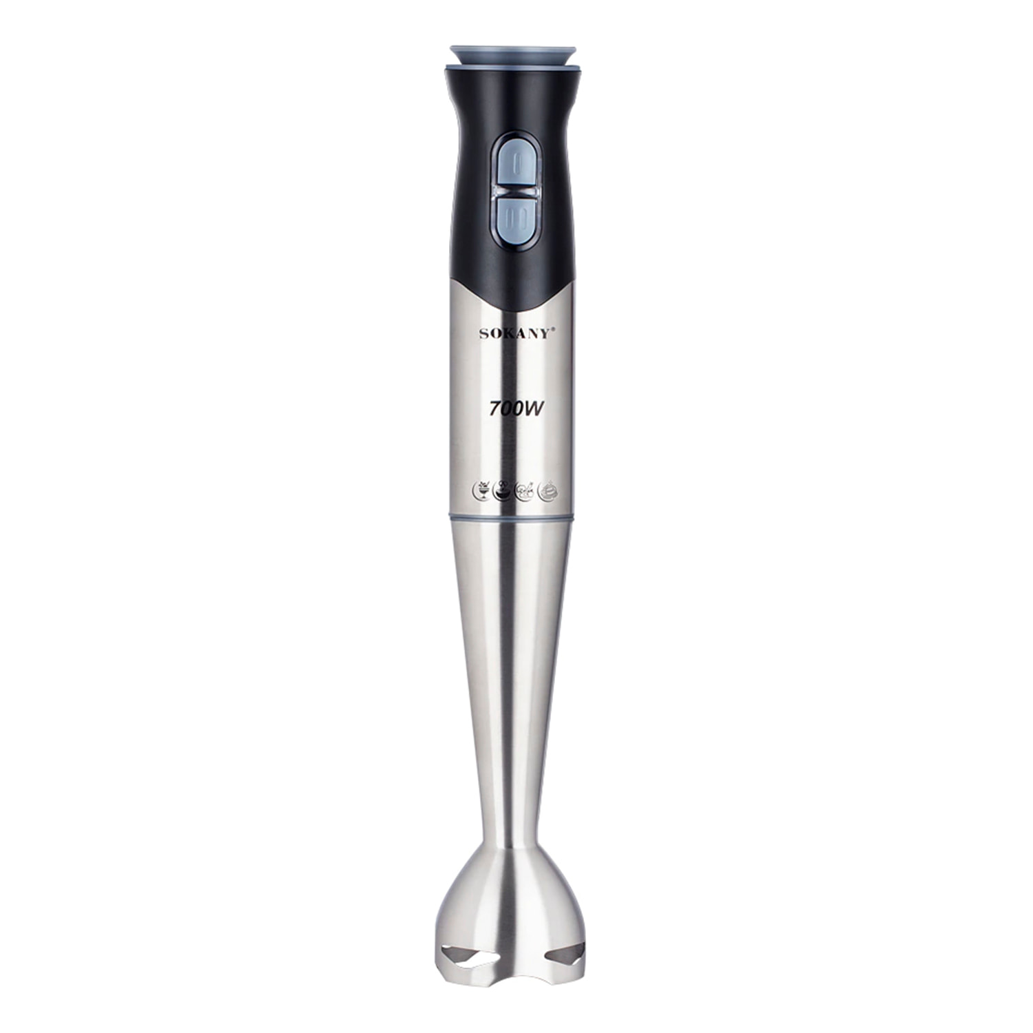 Batidora de mano de 700W con dos velocidades, diseño ergonómico, cuerpo y brazo de acero inoxidable. Brazo apto para lava vajillas.