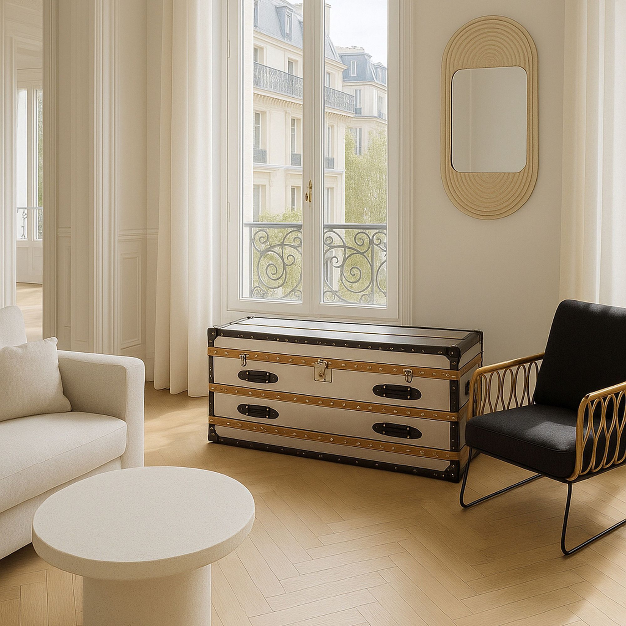 Commode basse 1 coffre 2 tiroirs en acier inoxydable et cuir ILIADE