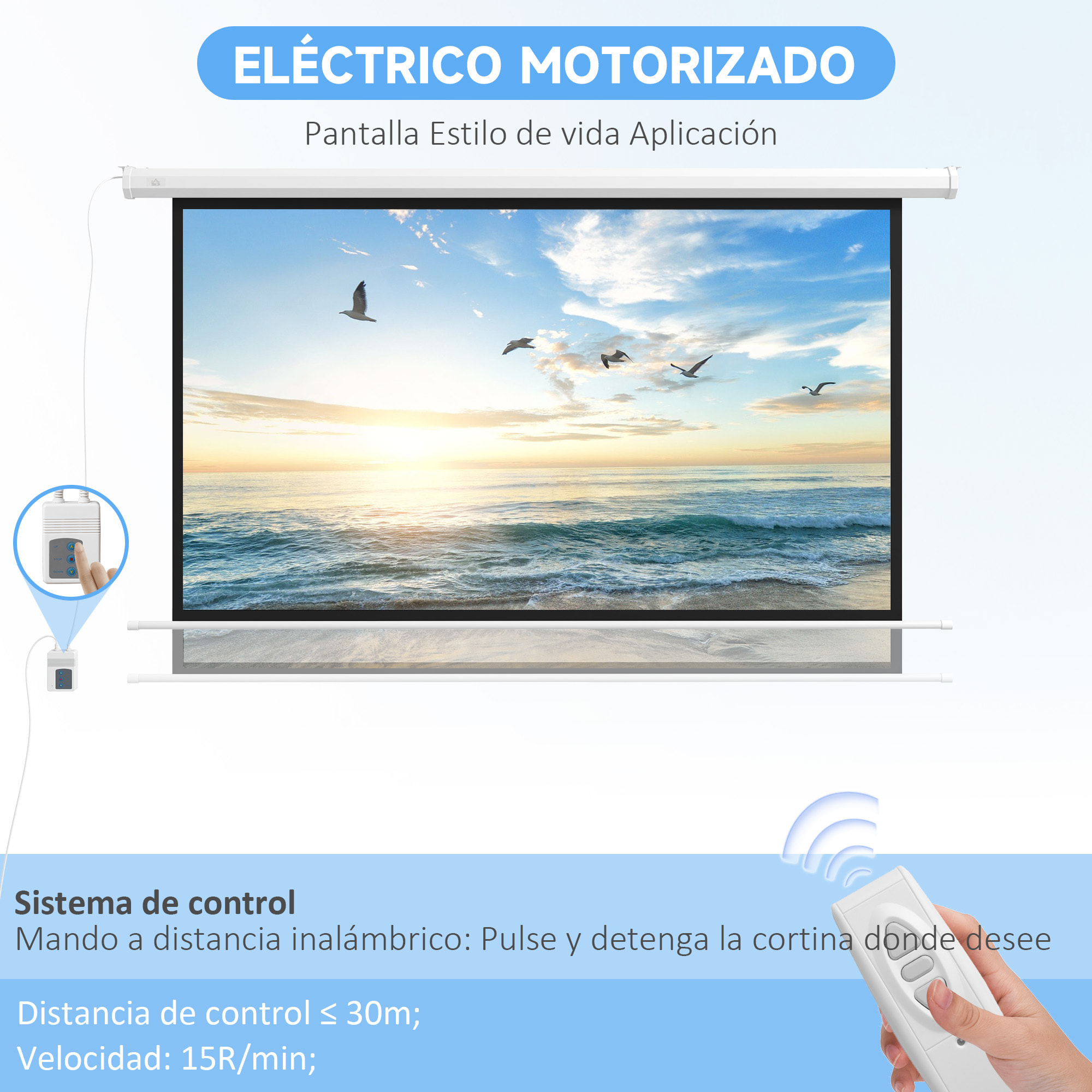 Pantalla de Proyector Eléctrica 84 Pulgadas Pantalla de Proyección Portátil Formato 16:9 con Mando a Distancia para Interior y Exterior Cine en Casa Patio 186x105 cm Blanco