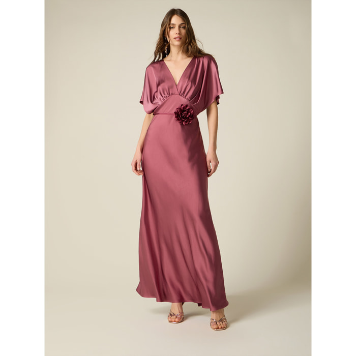 Oltre - Vestito lungo in raso con applicazione floreale - Rosa