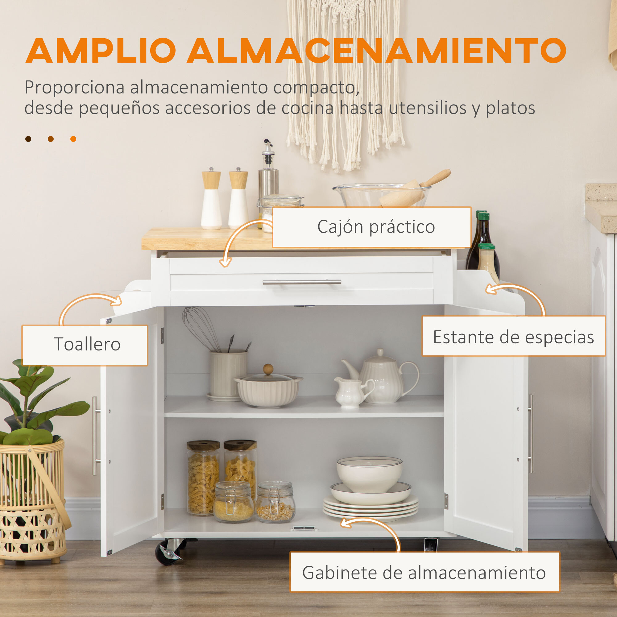 Isla de Cocina con Ruedas, Carro de Cocina con Cajón, 2 Puertas, Especiero, Barra para Paños y Estante Ajustable, para Comedor, 109x40x89 cm, Blanco