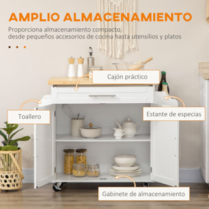 Isla de Cocina con Ruedas, Carro de Cocina con Cajón, 2 Puertas, Especiero, Barra para Paños y Estante Ajustable, para Comedor, 109x40x89 cm, Blanco