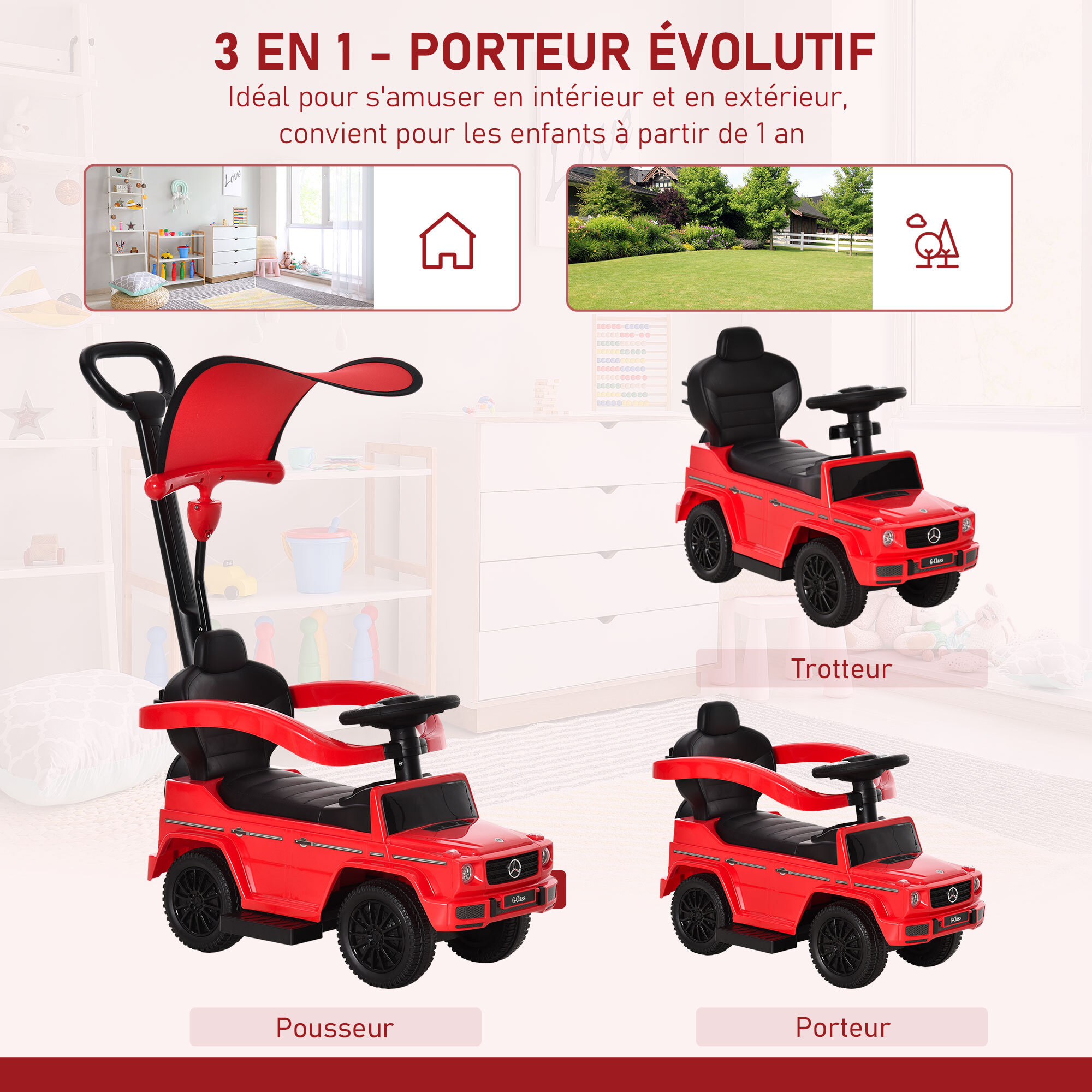 Porteur enfants voiture enfant multi-équipée 12-36 mois klaxon marche-pieds, garde-corps et ombrelle rouge