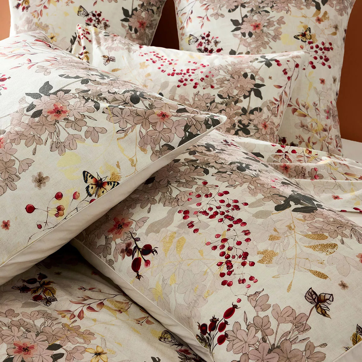 Lot h.couette +taies percale de coton lavé 115 g/m² imprimé beige bordeaux Vintage flowers cranberry