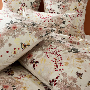 Lot h.couette +taies percale de coton lavé 115 g/m² imprimé beige bordeaux Vintage flowers cranberry