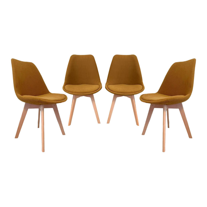 Lot de 4 chaises scandinaves revêtement velours côtelé ocre. pieds bois de hêtre - Nils