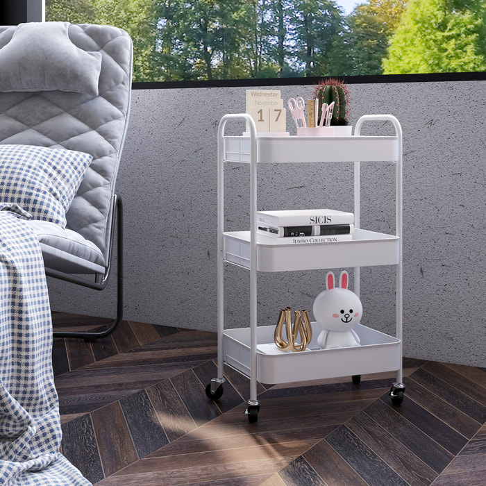 Carrito Auxiliar con Ruedas de 3 Niveles, Carrito de Cocina con 3 Cestas y 2 Asas para Baño, Dormitorio, Oficina, 45x30,6x79 cm, Blanco