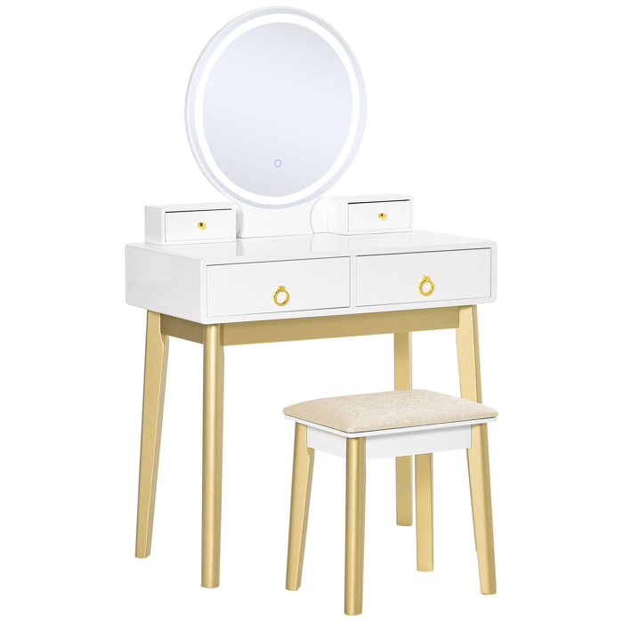 Tocador con Espejo con Luz LED Ajustable y Taburete Juego de Mesa de Maquillaje con 4 Cajones de Almacenaje para Dormitorio 80x40x133 cm Blanco