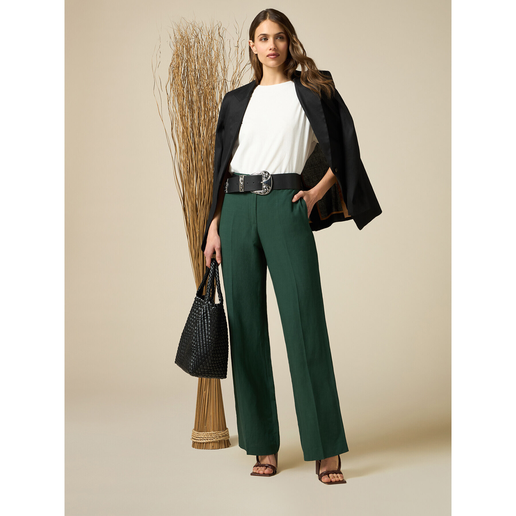 Oltre - Pantaloni wide leg misto lino - Verde