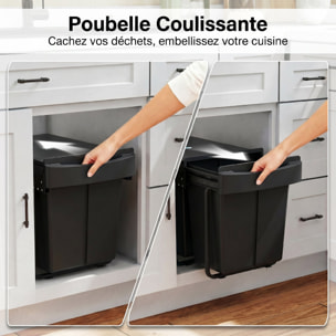 Poubelle de tri coulissante - 2 bacs amovibles avec poignée - 2 x 20L - métal PP noir