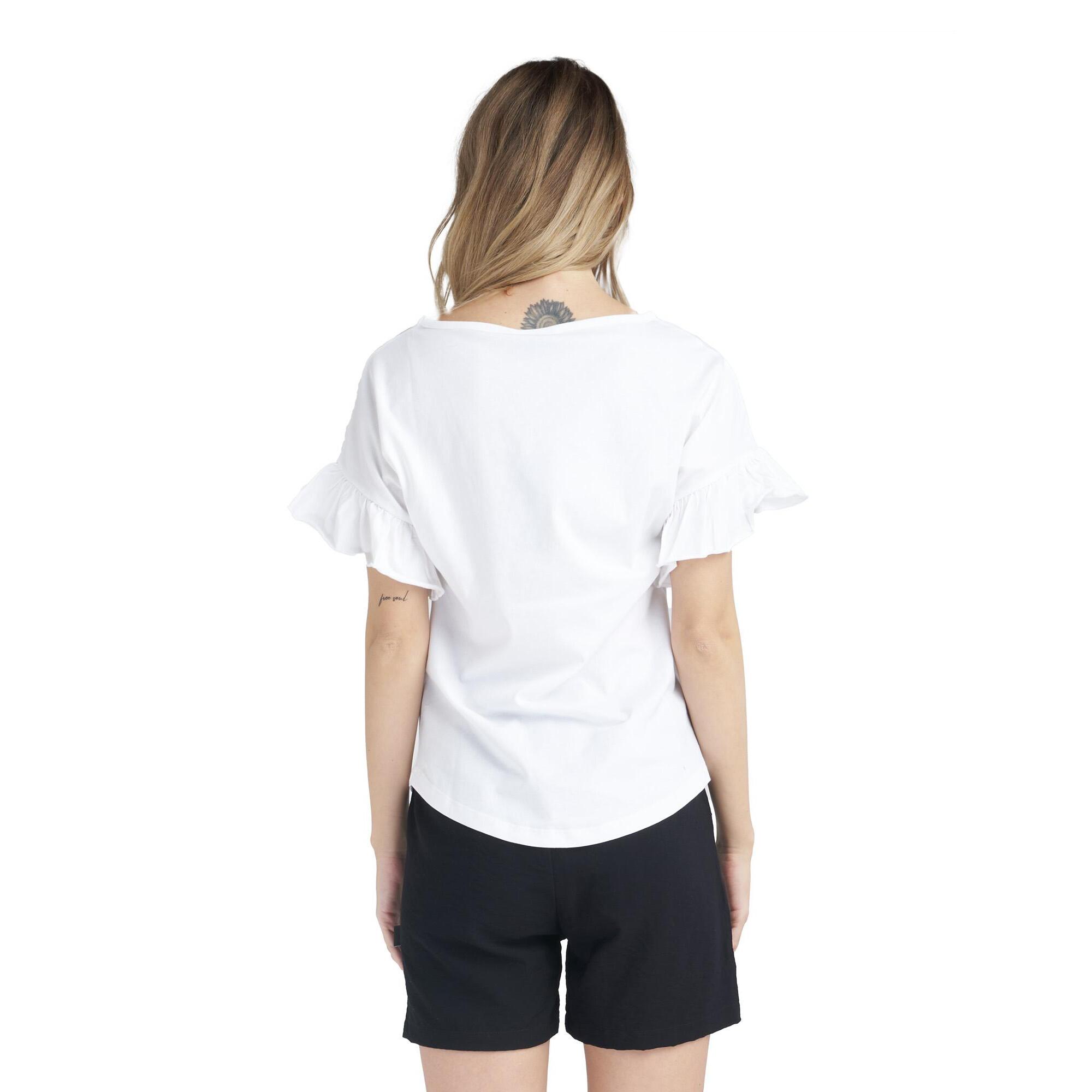 Camiseta de mujer brillante de manga corta con volantes
