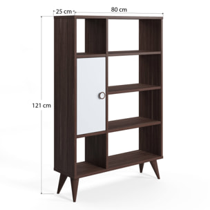 Libreria essenziale con sei scomparti aperti e un'anta battente, cm 80 x 25 x 121, colore noce con dettaglio bianco